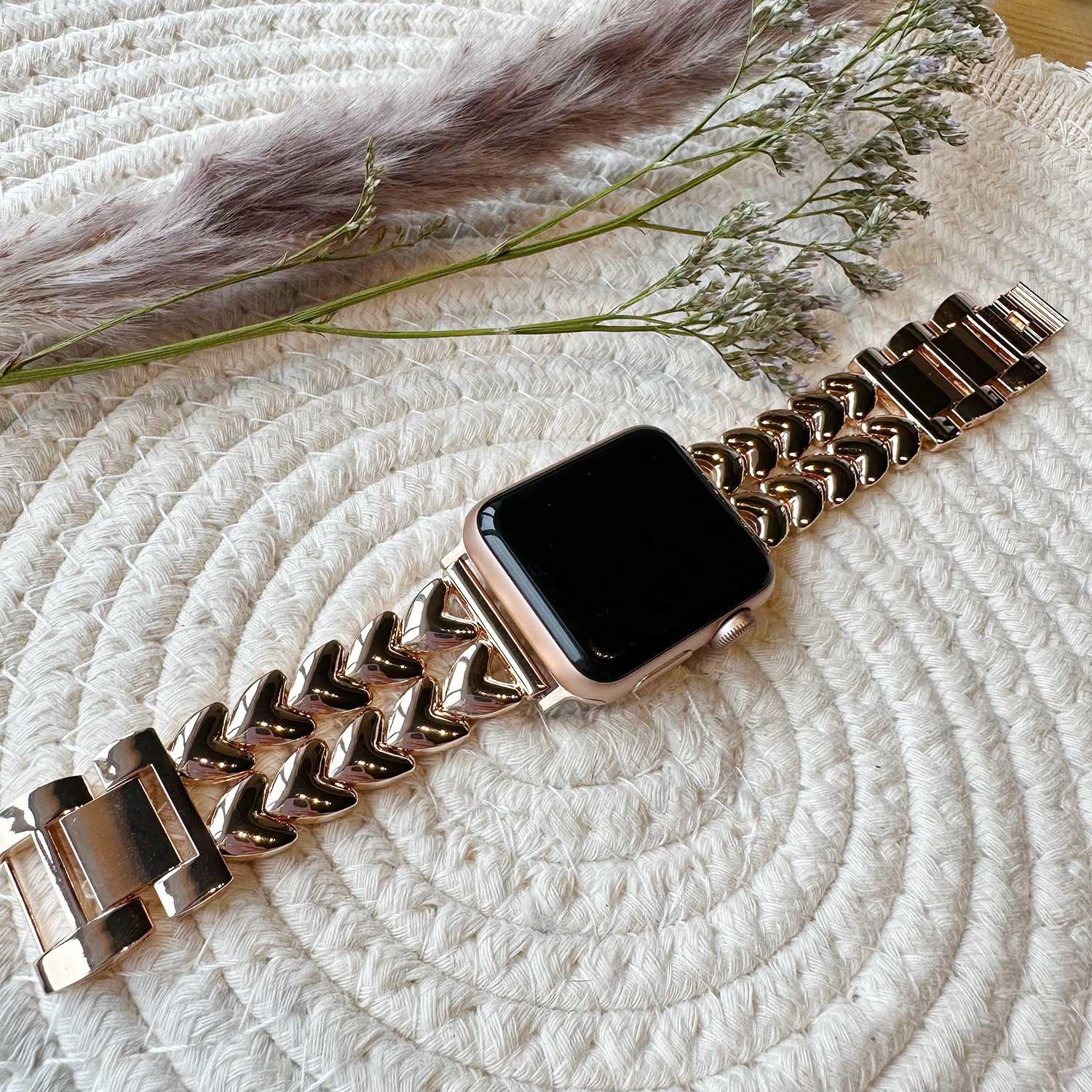 Bracelet Apple Watch Cœur - acier - maillons - or rose