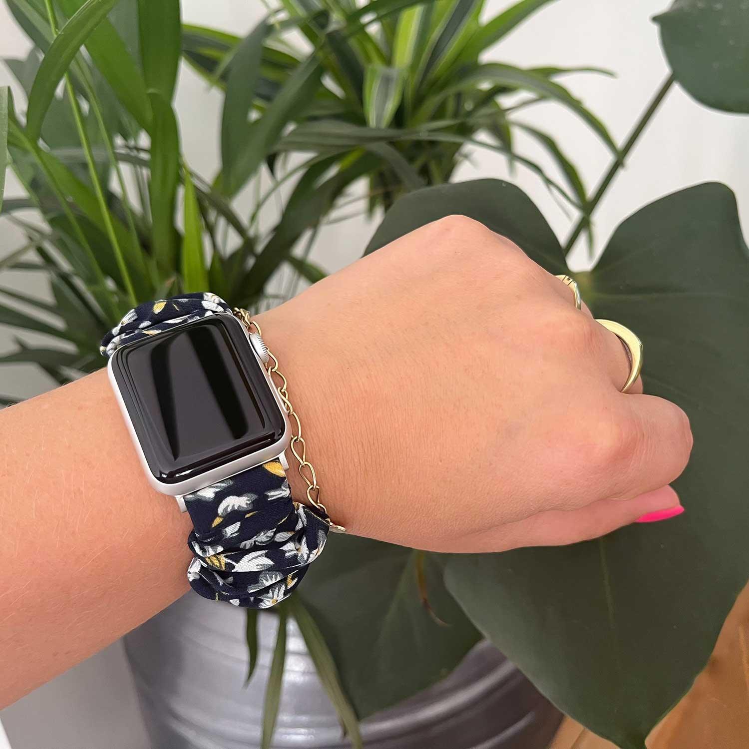 Bracelet Apple Watch Savara - chouchou - nylon - fleurs bleu foncé