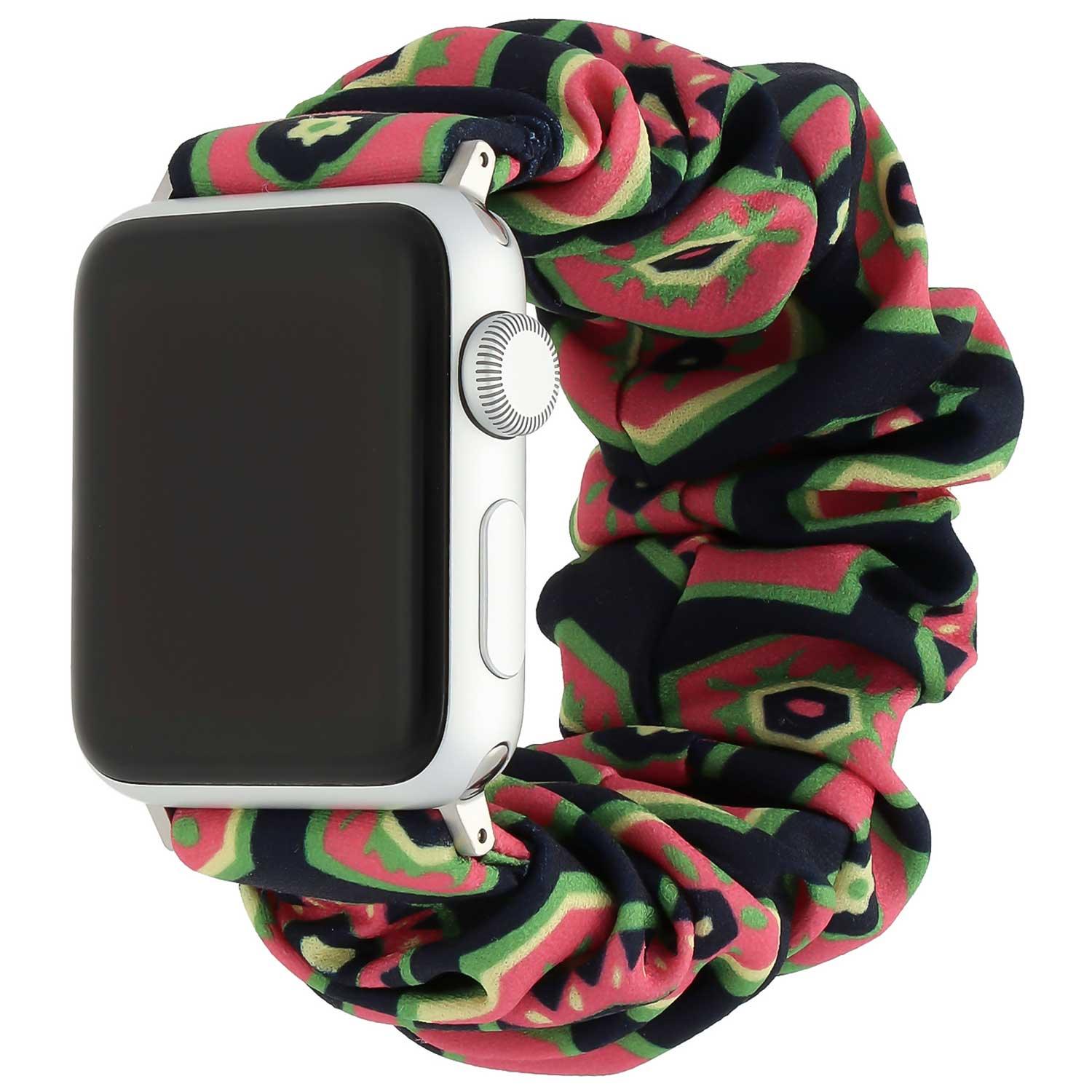 Bracelet Apple Watch Savara - chouchou - nylon - bleu foncé avec rose et vert