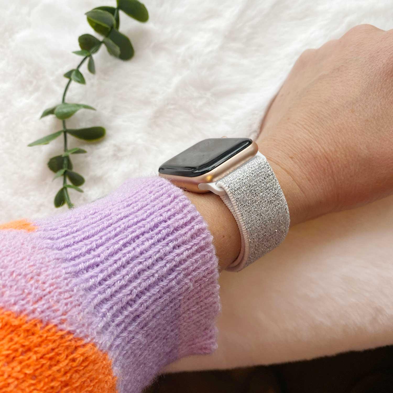 Bracelet Apple Watch - nylon - boucle tissée - paillettes blanches