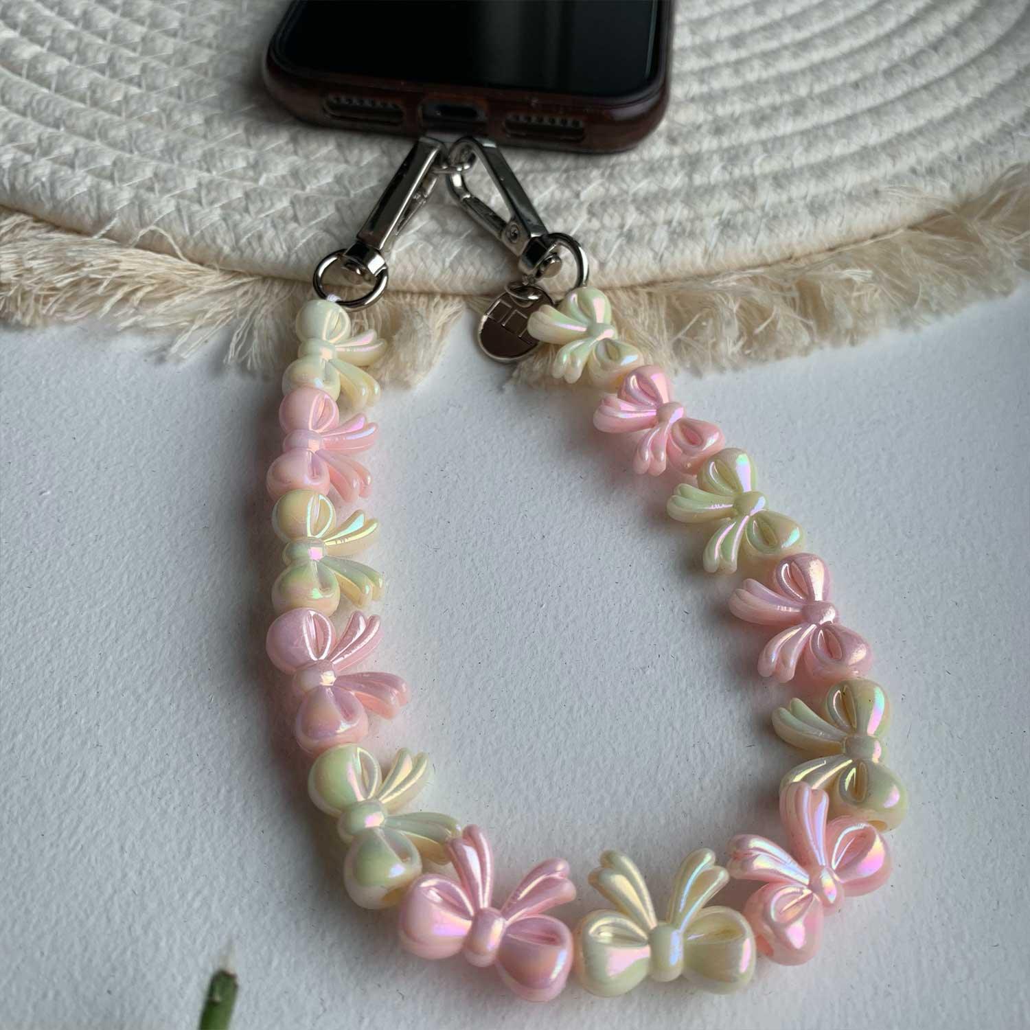 Cordon de téléphone Bow - rose clair blanc - argent