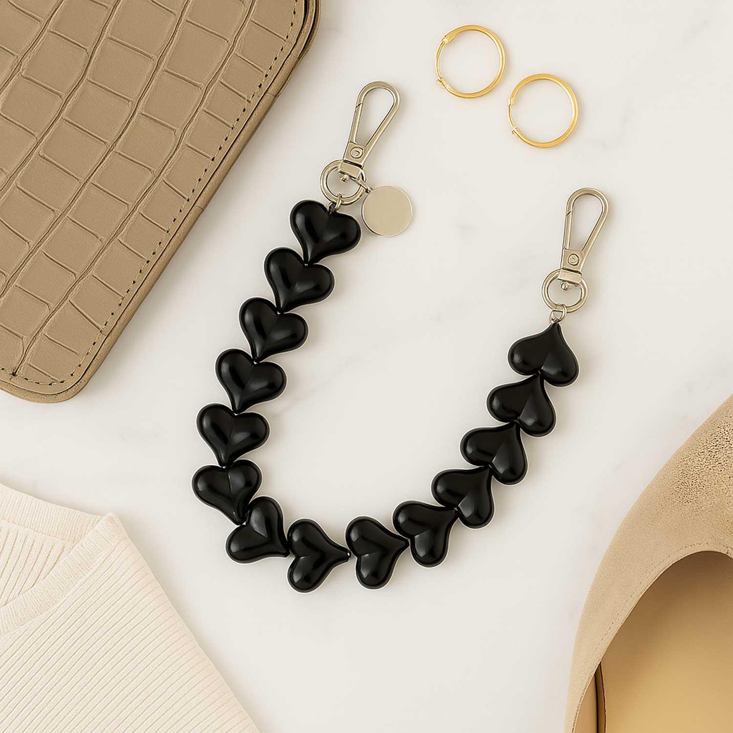 Cordon de téléphone Heart - noir uni - argent
