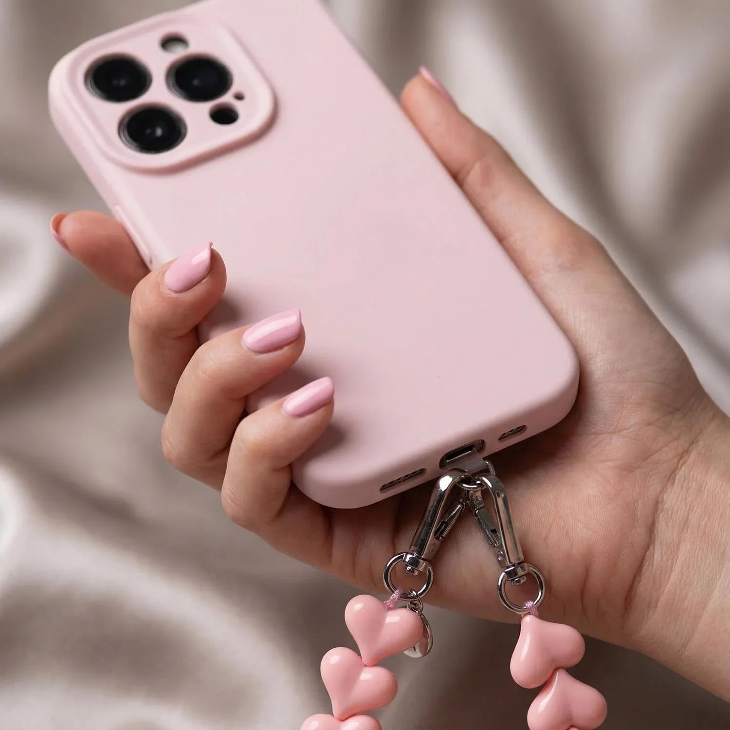 Cordon de téléphone Cœur - rose uni - argenté