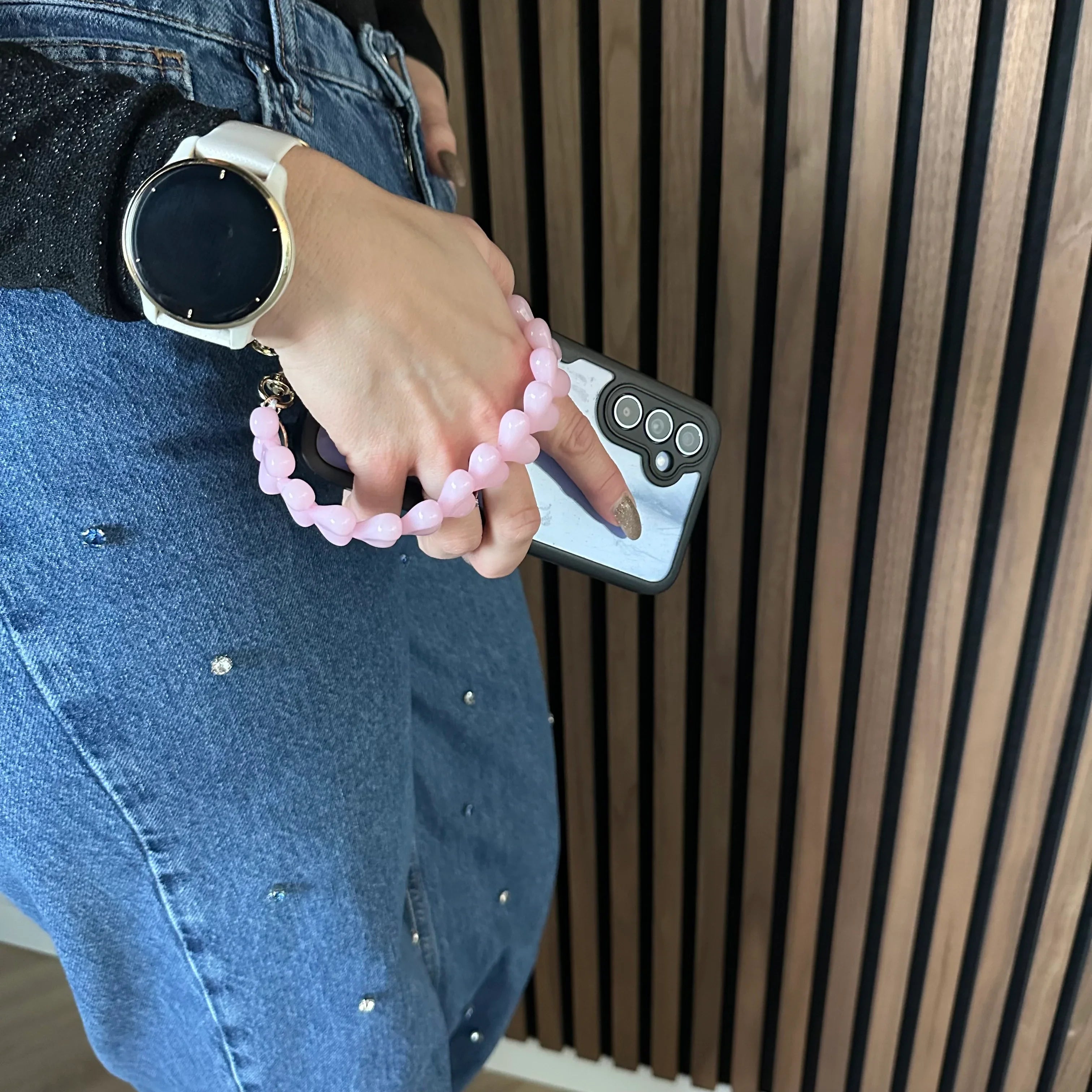 Cordon de téléphone Cœur - rose bébé - doré