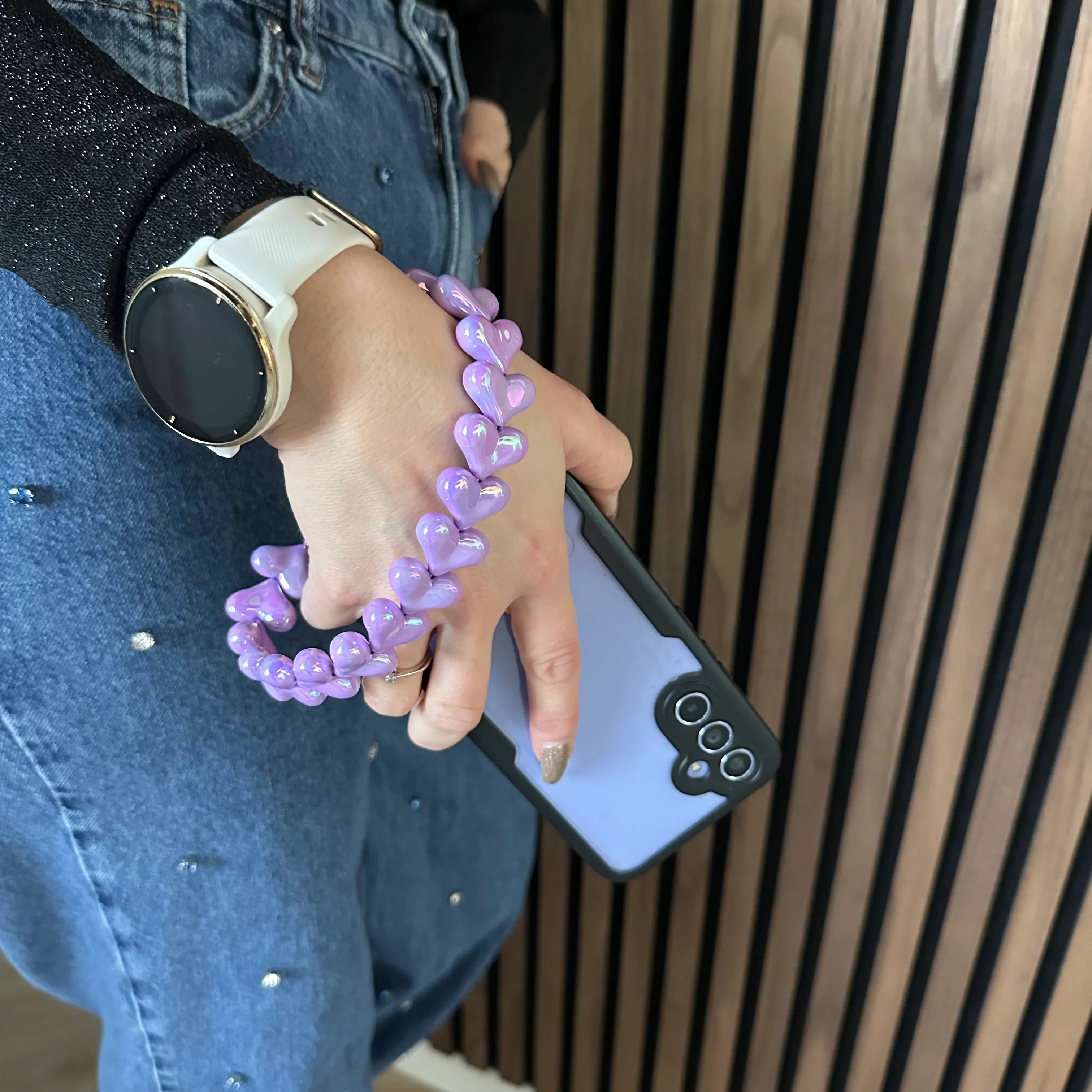 Cordon de téléphone Cœur - violet scintillant - doré