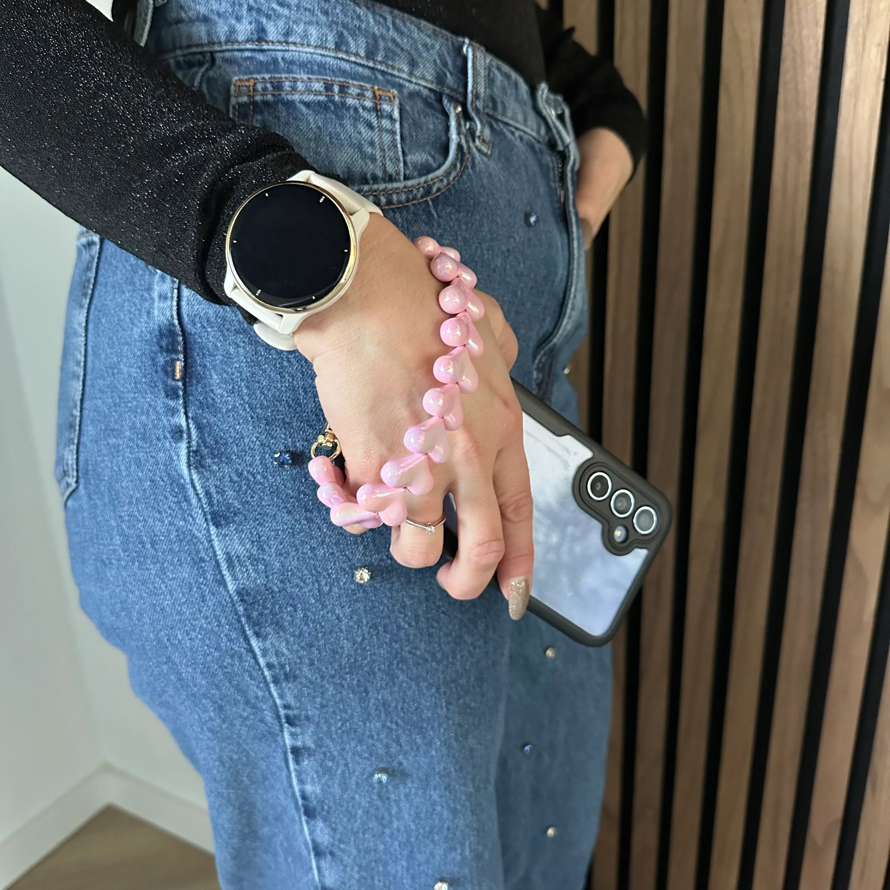 Cordon de téléphone Cœur - rose brillant - doré