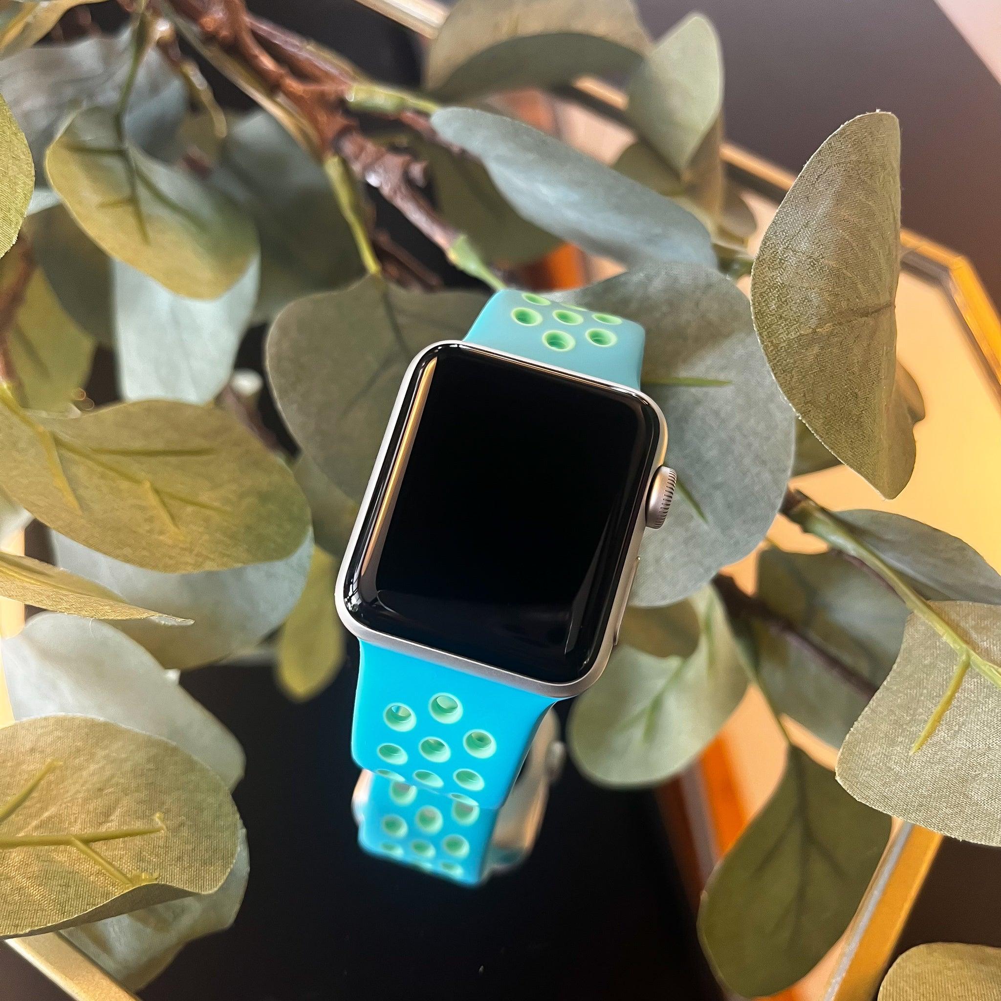 Bracelet Apple Watch - double - silicone - vert-bleu de chlore